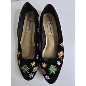Premiers Vintage Black Velvet Holiday Flats 8.5 Embroidered Christmas Shoes
